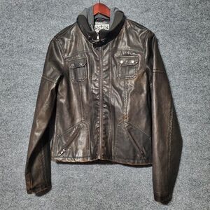 VTG Y2K Wet Seal Jacket Ladies XL Brown Faux Leather Fur Bomber Removable Hoodie